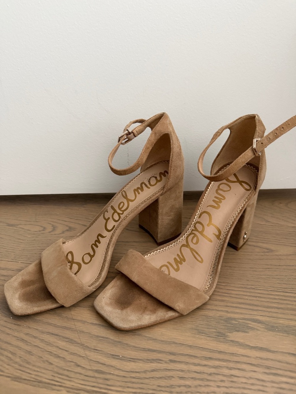 Sam Edelman Tan Suede Block Heel Sandals with Ankle Strap